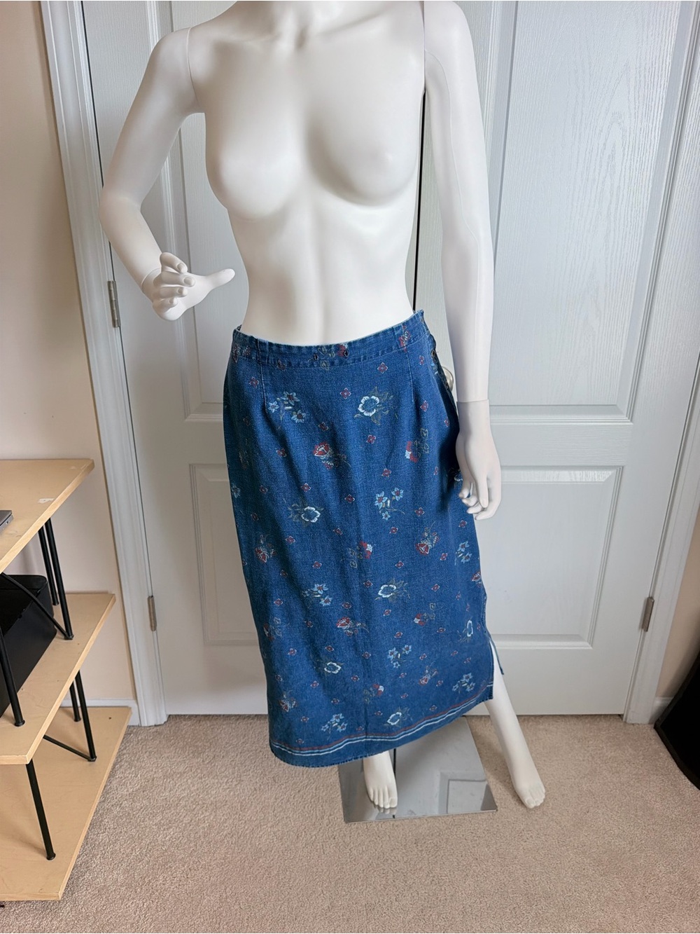 Vintage 90’s Requirements Linen Blend & Cotton Floral Denim Midi Skirt Size M